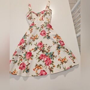 Eva Rose Floral Fit and Flare Dress Pink Orange Roses Rockabilly Pinup Style M